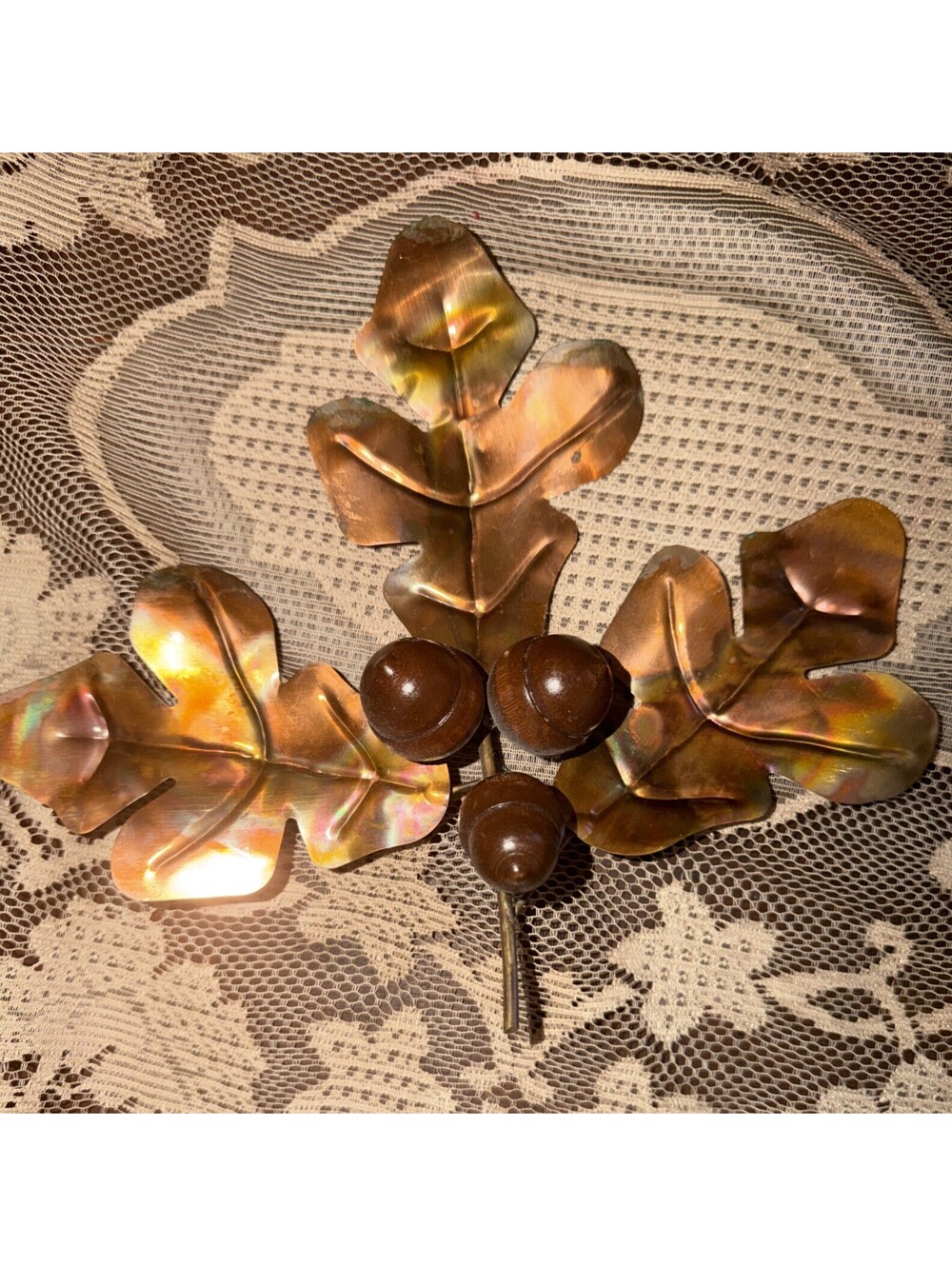 VTG Set 2 Wall Decor Brass Oak Leaves Wood Acorns Cabin Rustic Cottage Nature - Picture 3 of 5